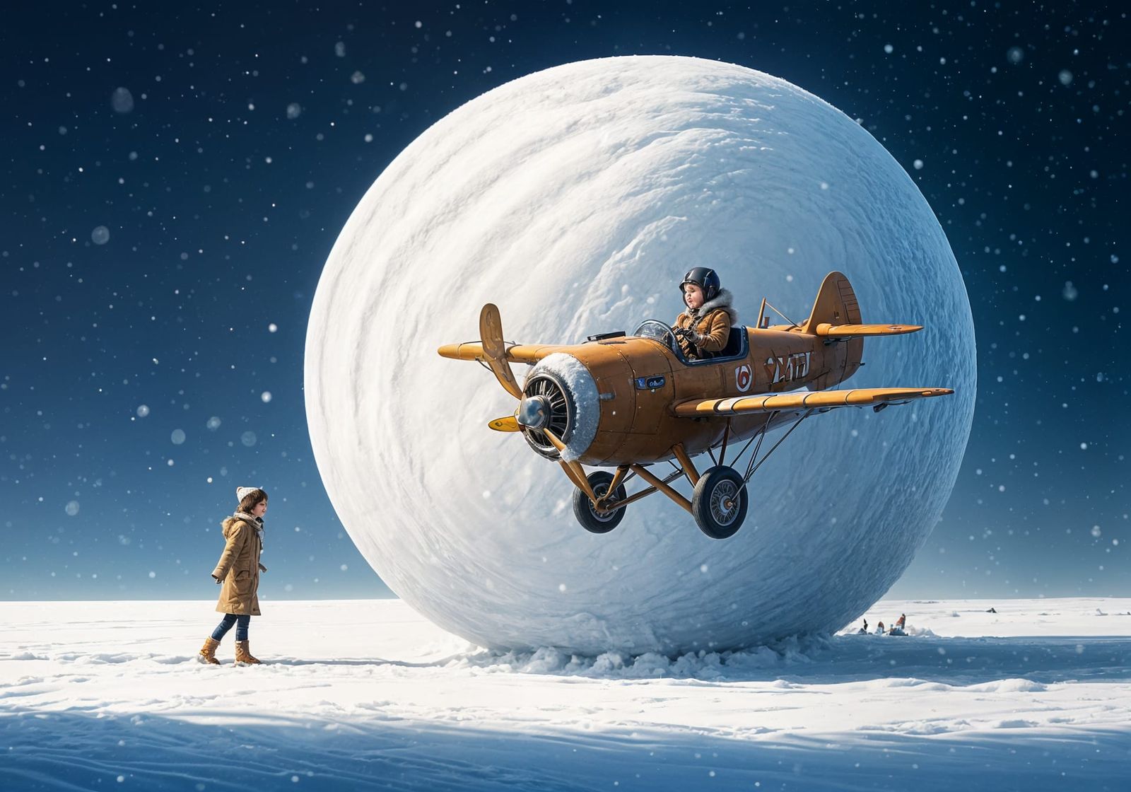 Small Pilot in Vintage Biplane Steers Snowball through Winte...
