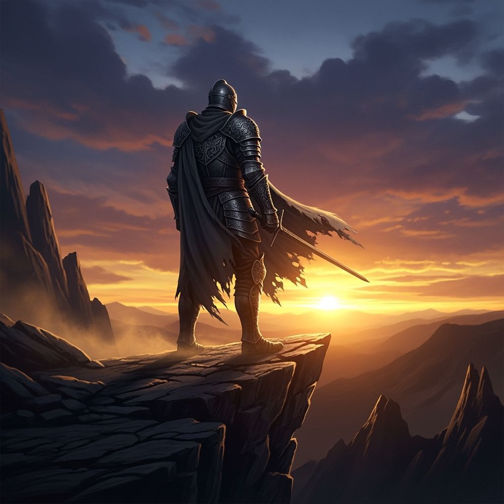Knight Silhouetted at Sunset in Fantasy Art Style