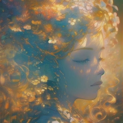 Woman With Flowers as Hairstyle in Photorealistic Digital Pa...