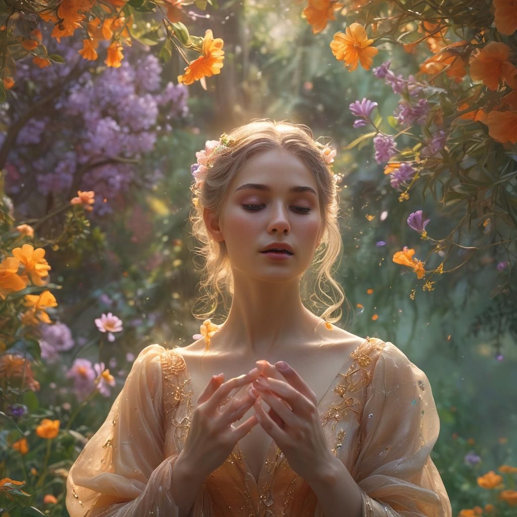 Ethereal Woman in Golden Mist: Fantasy Illustration