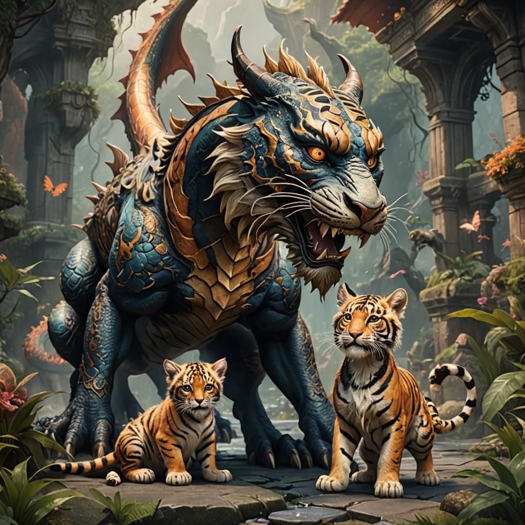 Dragon, Tiger, and Kitten: Detailed Fantasy Art