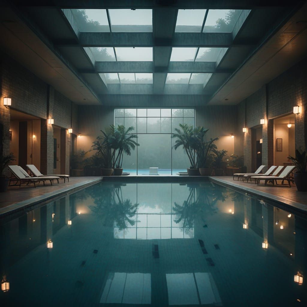 Epic 1970s Indoor Pool Scene in Cinematic Style