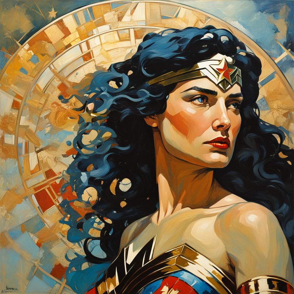 Wonder Woman head and torso in a modernist Alphonse Mucha painting