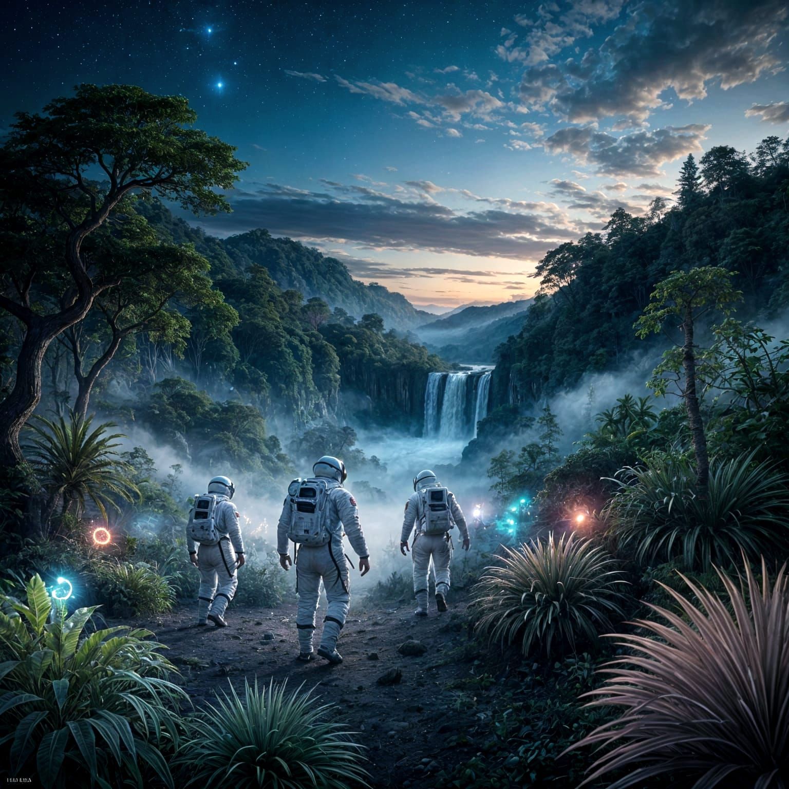 Astronauts exploring a vibrant alien jungle at twilight