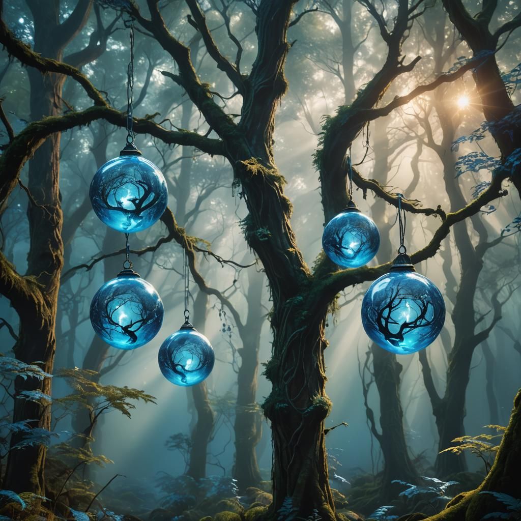 Glowing Blue Orbs in Mystical Forest: Fantasy Concept Art