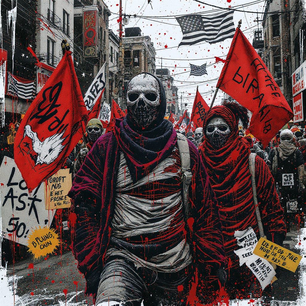 Chaotic Protest Scene in Neo-Expressionist Style