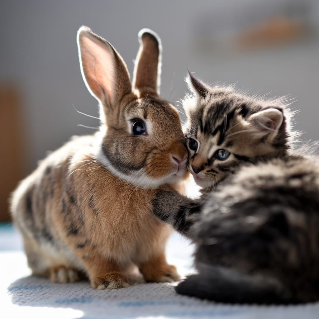 Kitten and Rabbit Cuddle in Natural Light