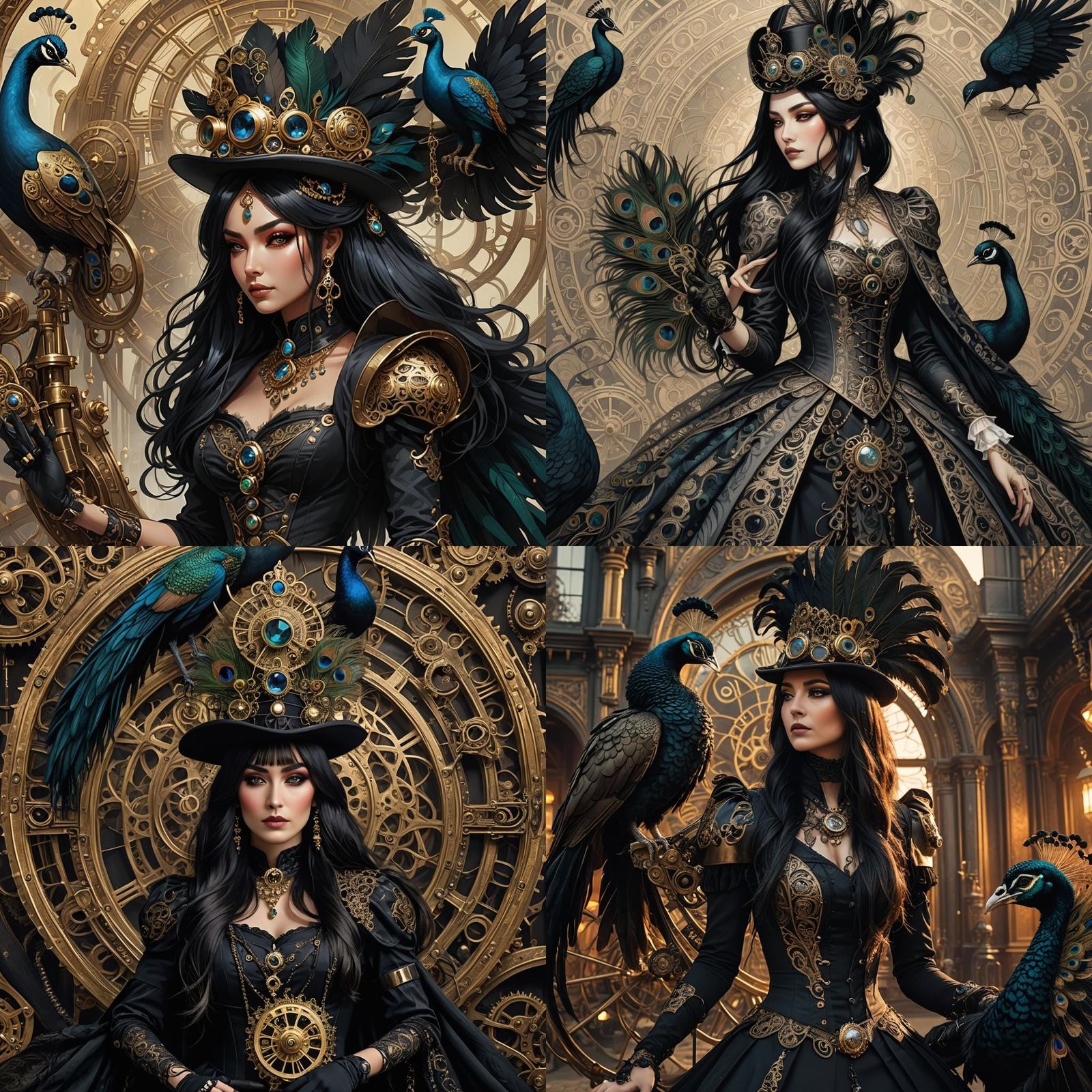 Girl Rides Peacock with Wand in Steampunk Style