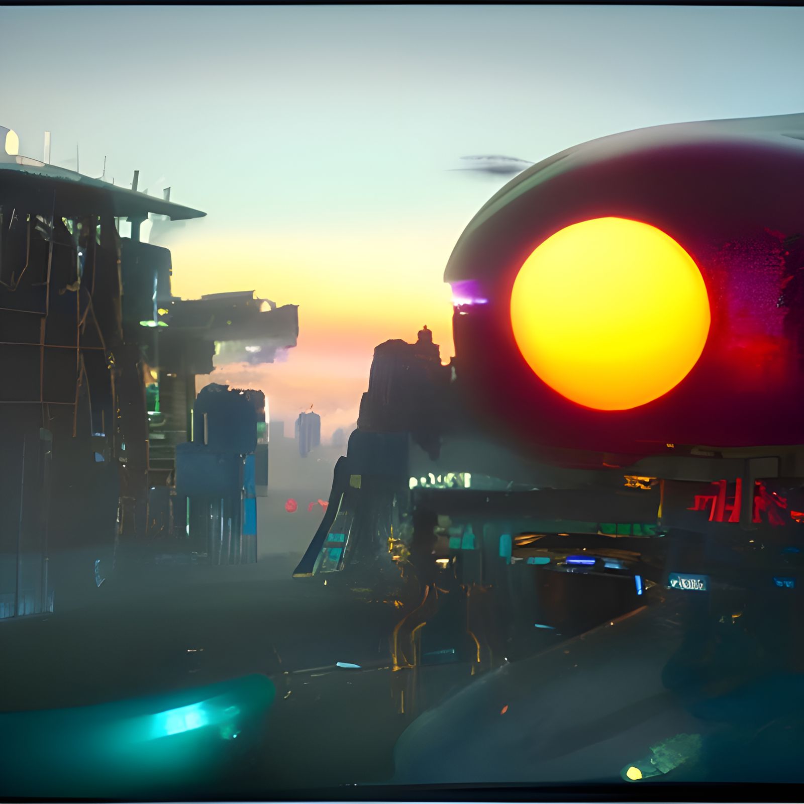 Alien Sunrise Over Cyberpunk Lost City