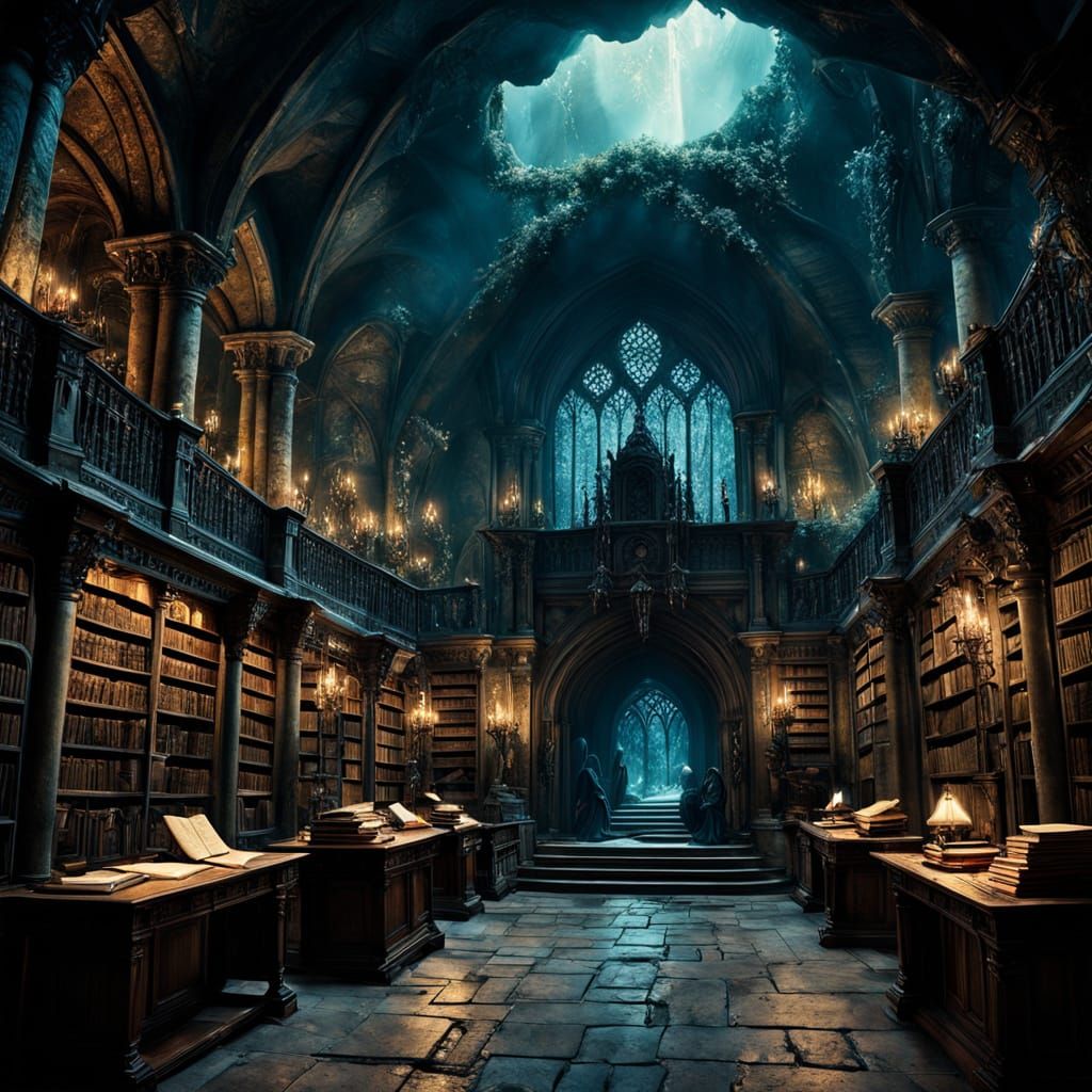 Epic Medieval Library in a Magical Forest