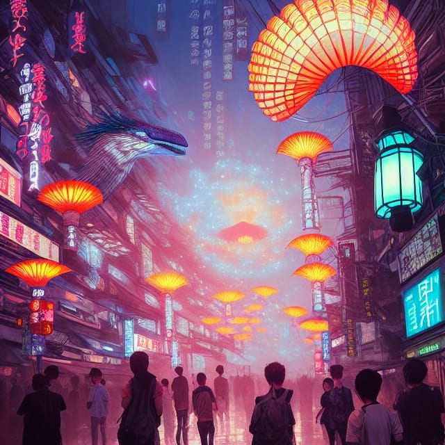 Feathered Dinosaur in Neo Tokyo: Digital Art