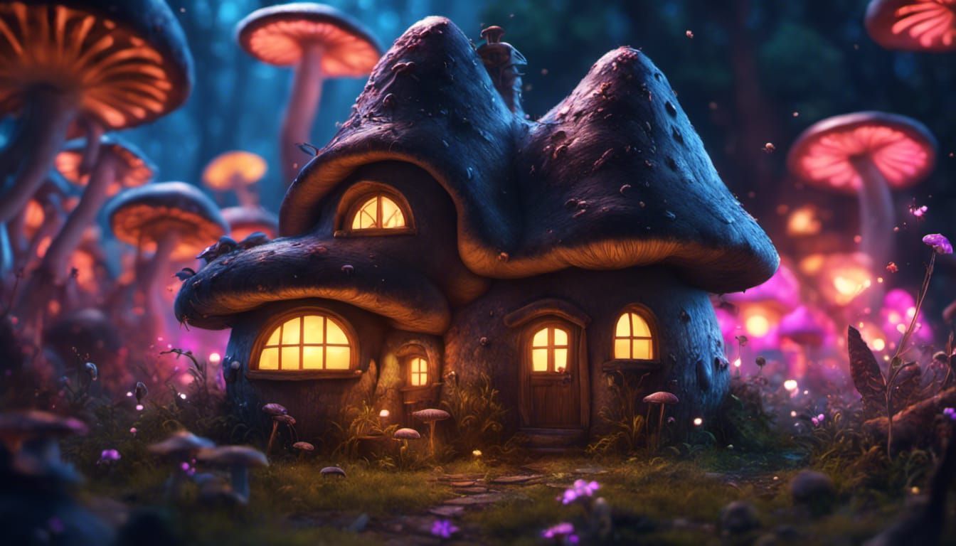 Fantasy Mushroom House with Pug in Matte Painting