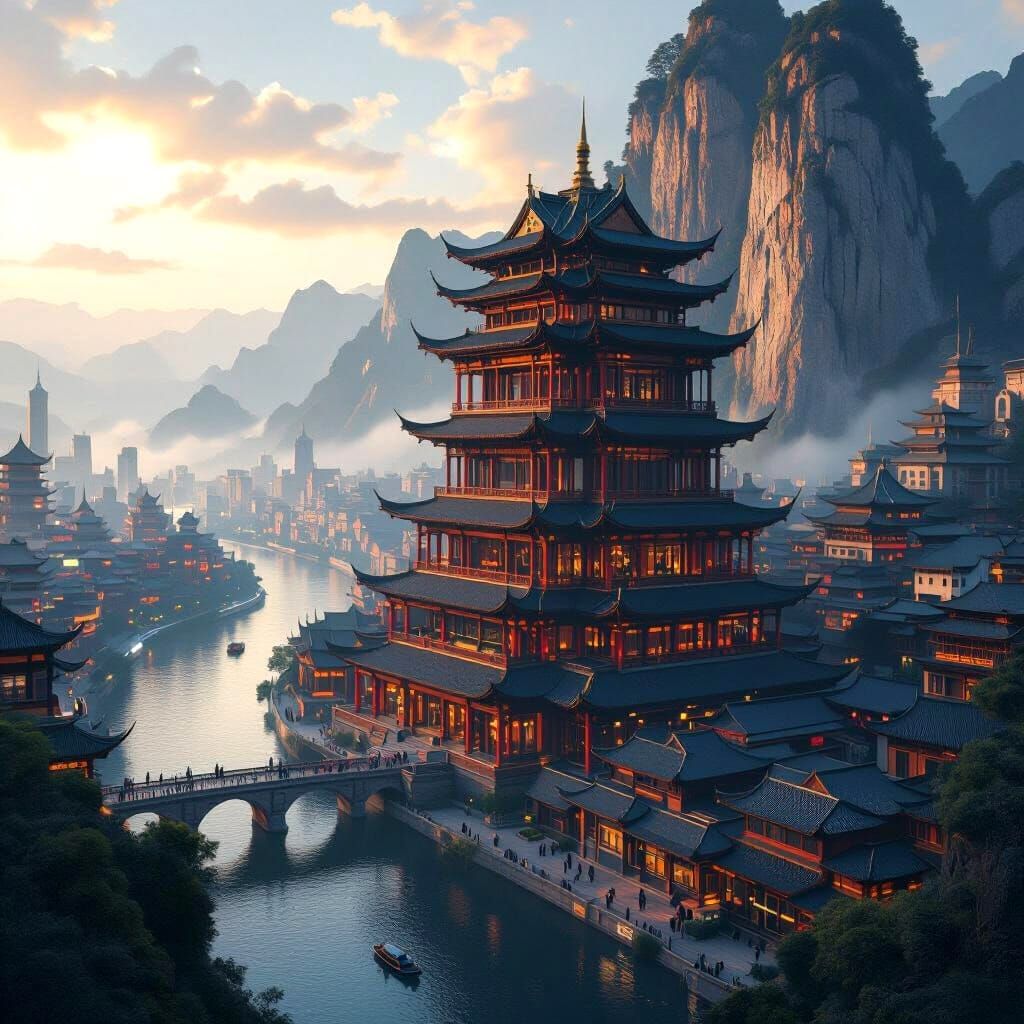 Chinese City Rises on Mountain Slope with Giant Wooden Skysc...