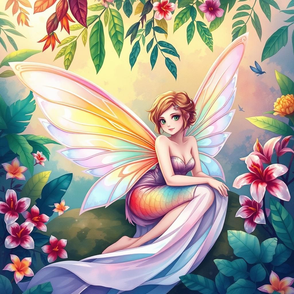 Rainbow Fairy in Lush Jungle, Watercolor Anime Style