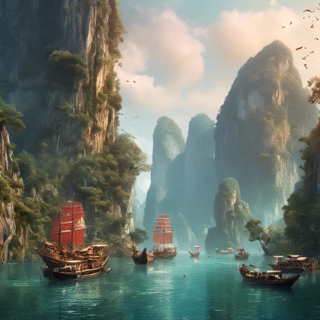 Vibrant Ha Long Bay Matte Painting in 32k