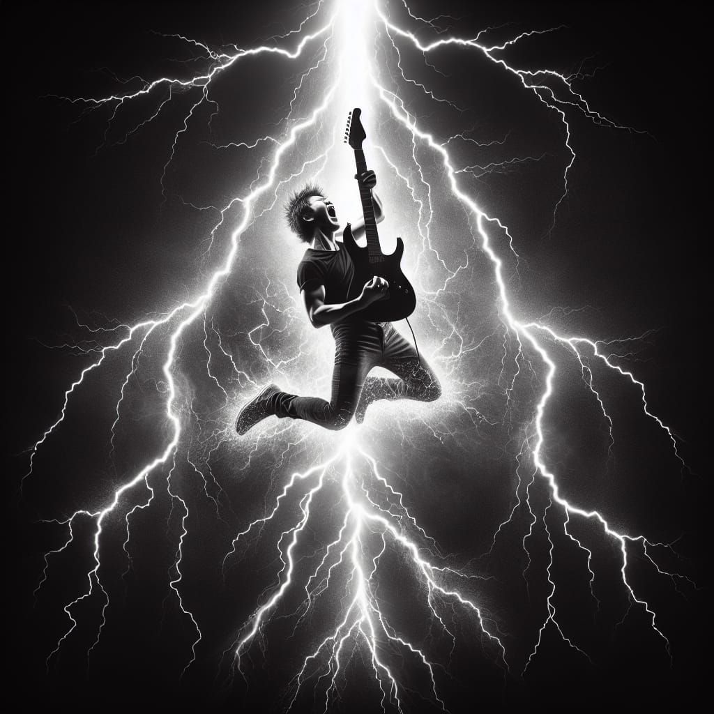 Electric Guitarist Suspended from Lightning Bolt
