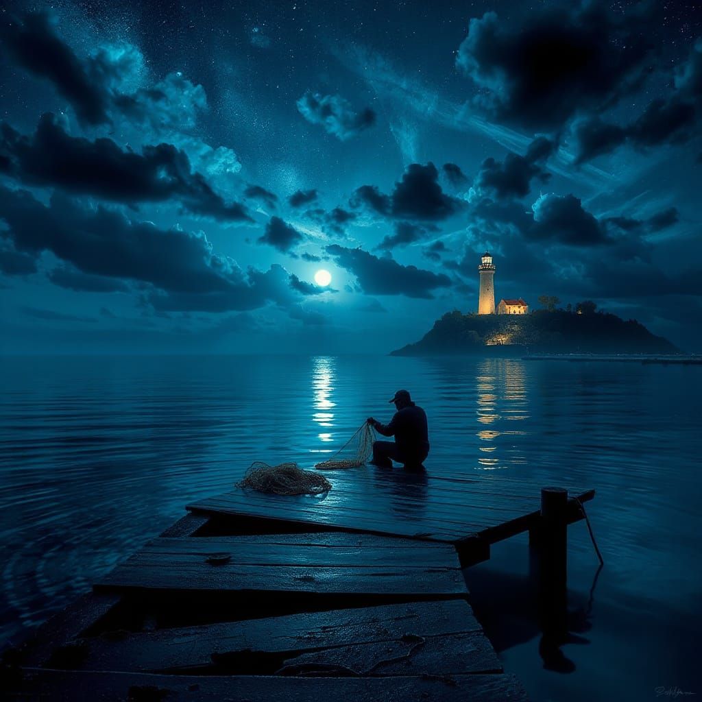 Fisherman Mending Nets at Night, Surreal Digital Painting