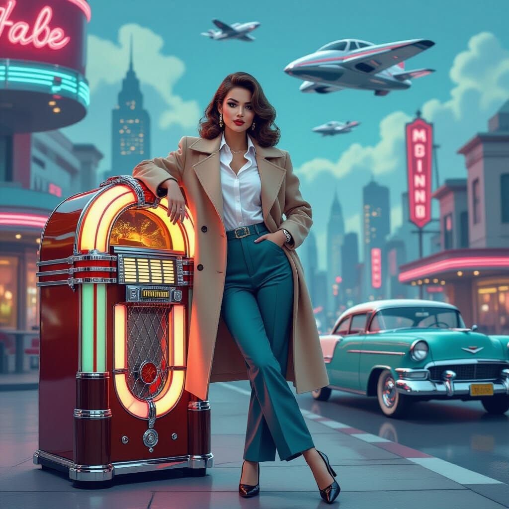 Teddy Girl in Retro-Futurist Cityscape, Hyper-Realistic Styl...