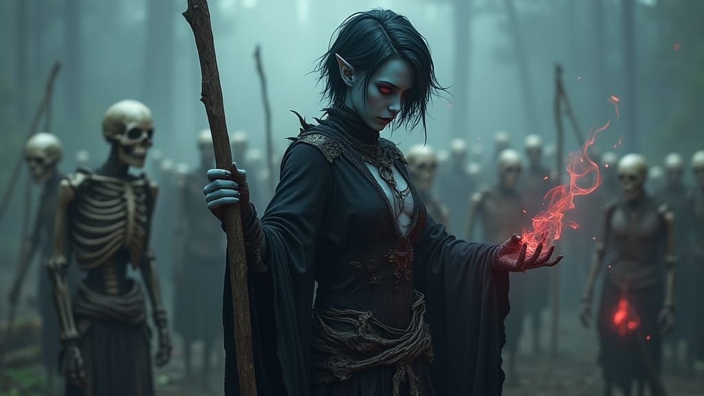 Dark Elf Necromancer Leading Skeleton Army
