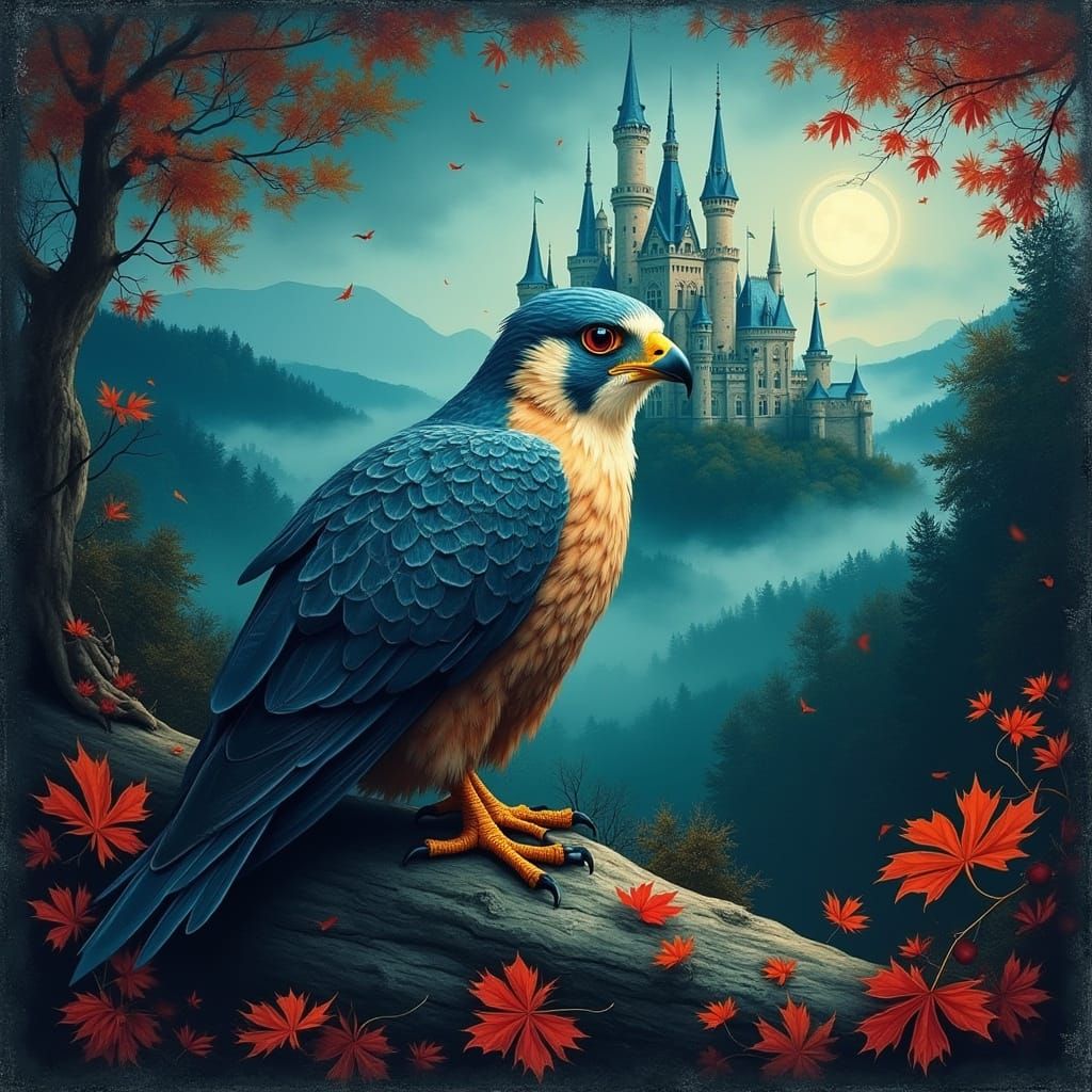 Ethereal Peregrine Falcon Amidst Autumn Castle