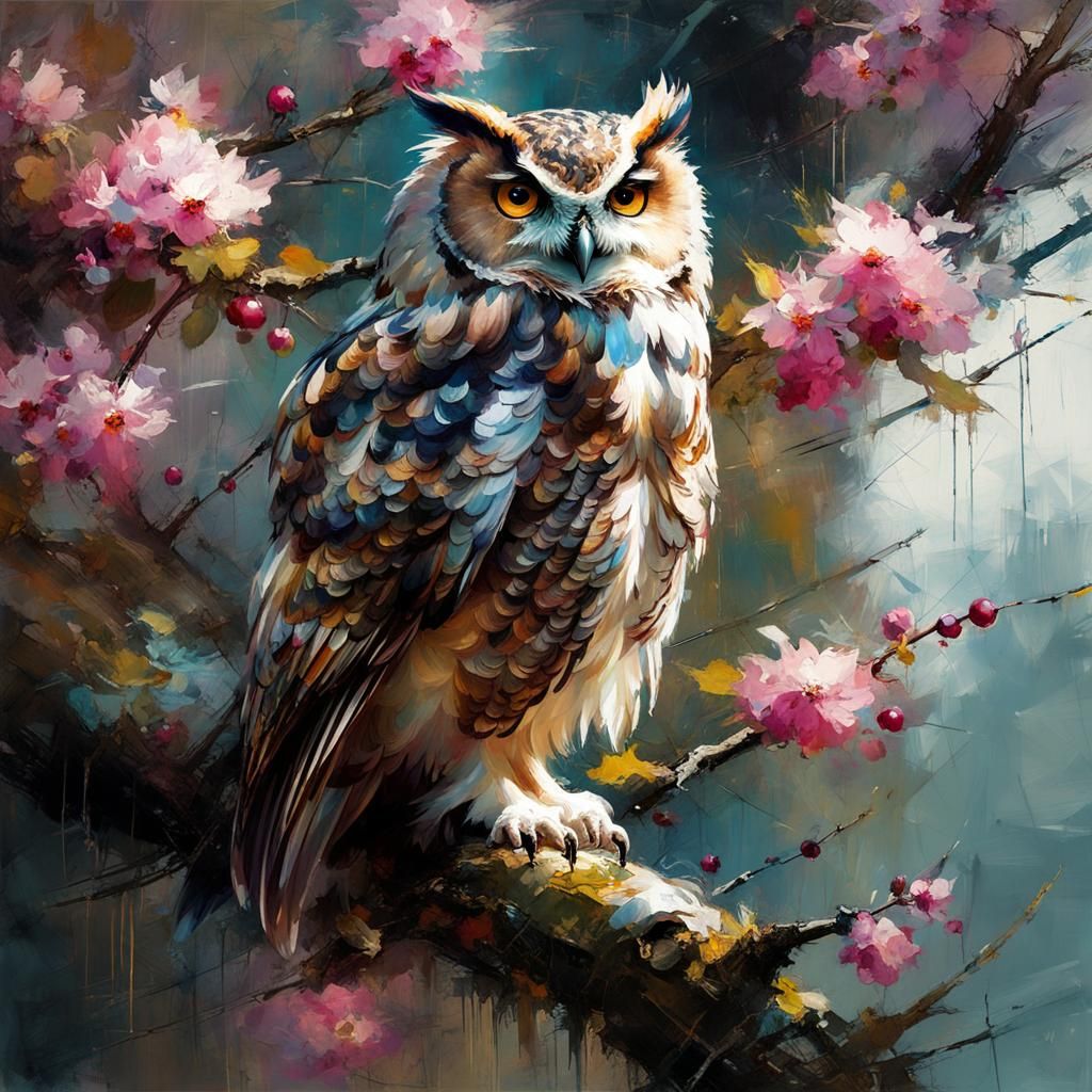 Charming Owl Among Cherry Blossoms: Fine Art