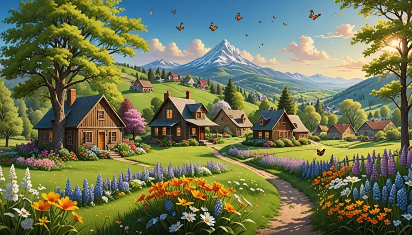 Vibrant Spring Scene in Whimsical Style