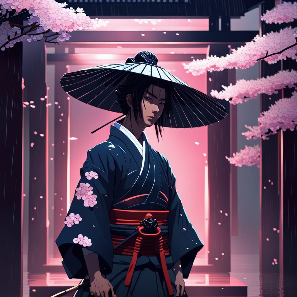 Samurai in Rain at Temple with Cherry Blossoms