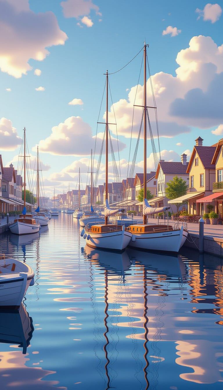 Serene Harbor with Sailboats in 3D Anime Style
