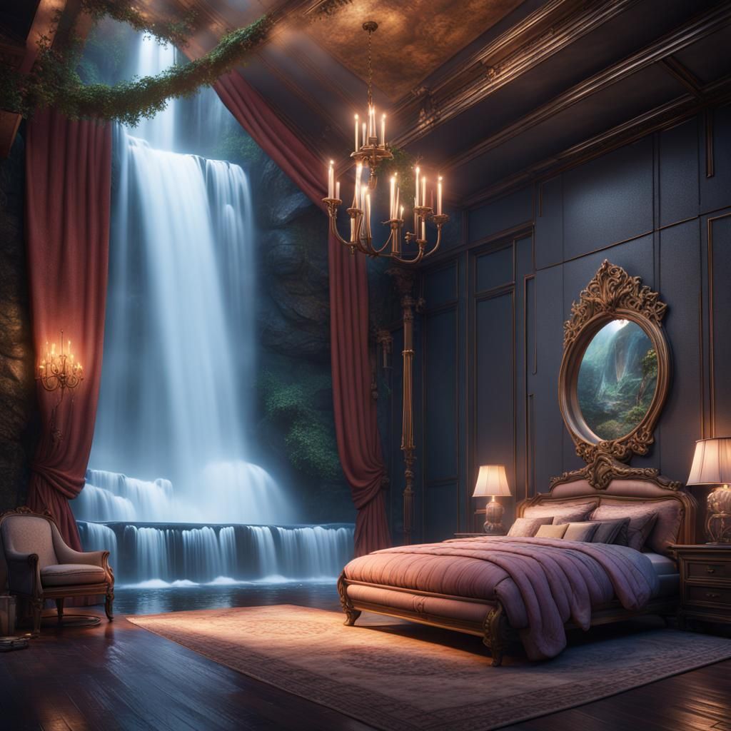 Fantastical Bedroom with Waterfall in Detailed Matte Paintin...