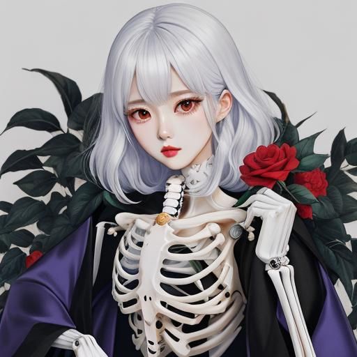 Manhwa Skeleton and Camellia Gouache Painting