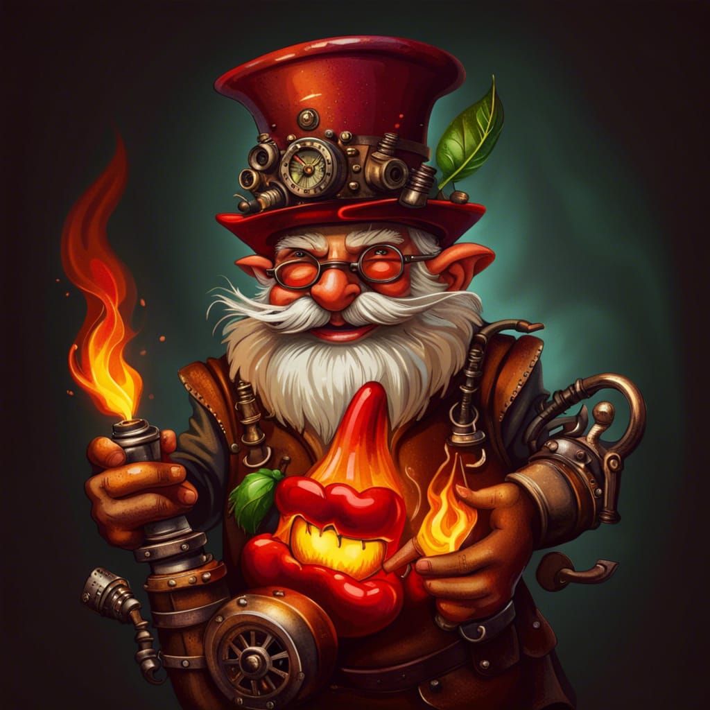 Steampunk Gnome Roasting Peppers with Flamethrower