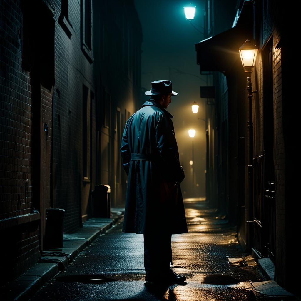 Detective Investigates Crime Scene in Cinematic Film Still