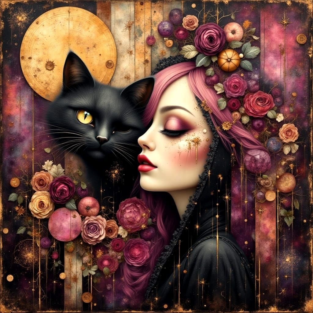 Plum Cabaret Cat with Geometric Elements