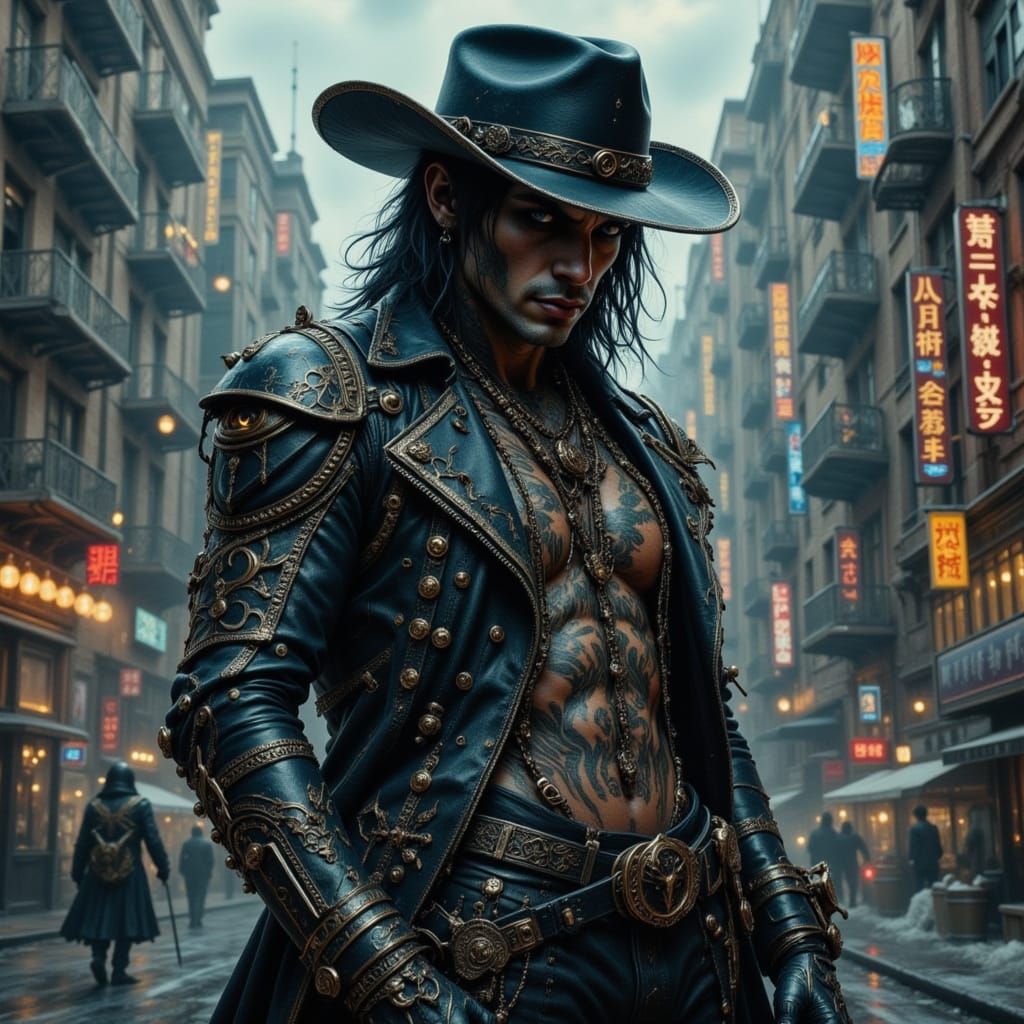 Urban Cowboy with Western Flair in Futuristic Cityscape