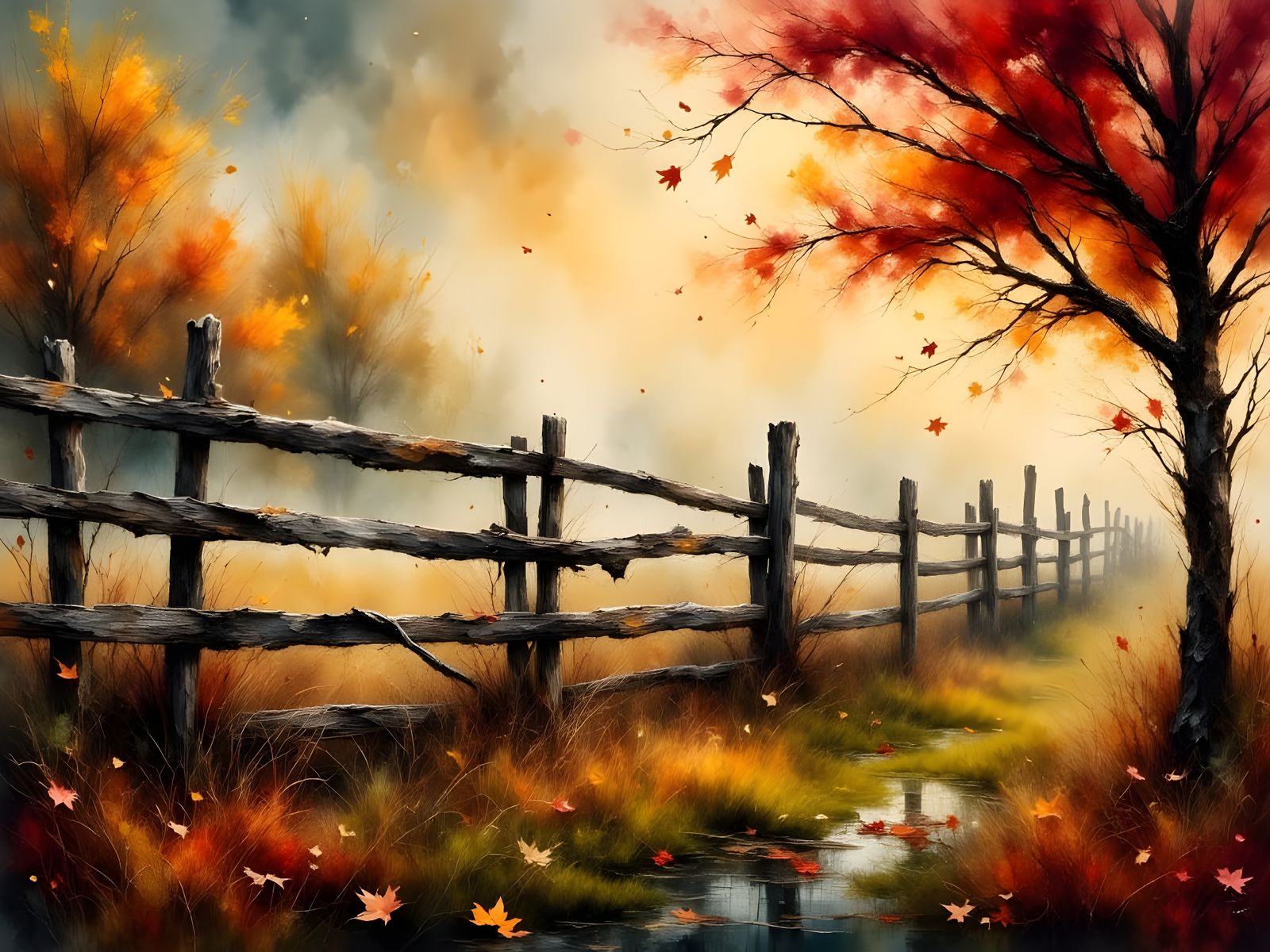 Autumn Landscape with Faded Wooden Fence