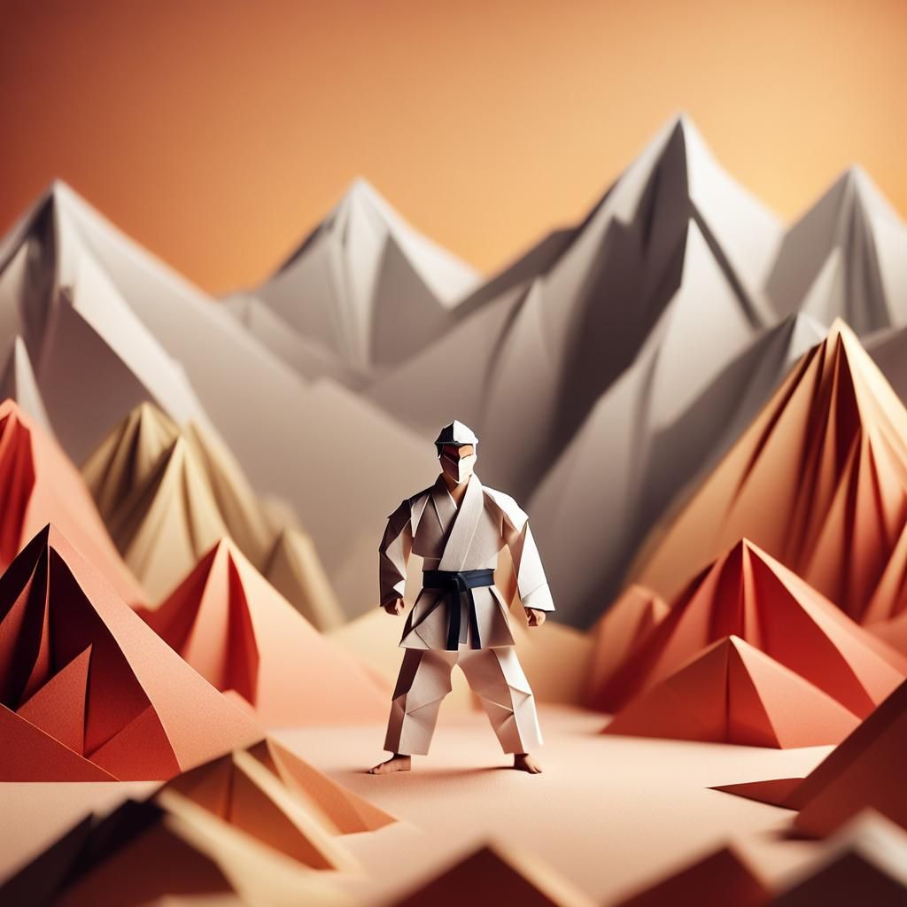 Origami Taekwondo Fighter in Mountain Landscape