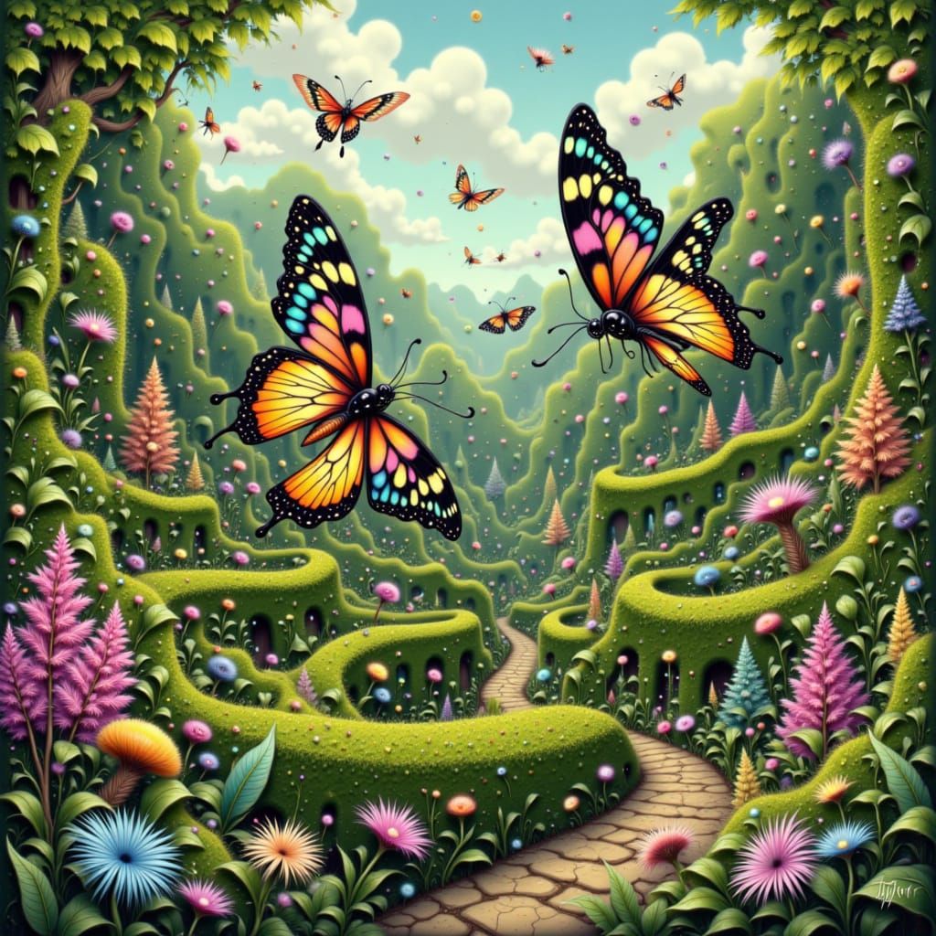 Butterfly Lost in Maze Garden, Imaginative Realism