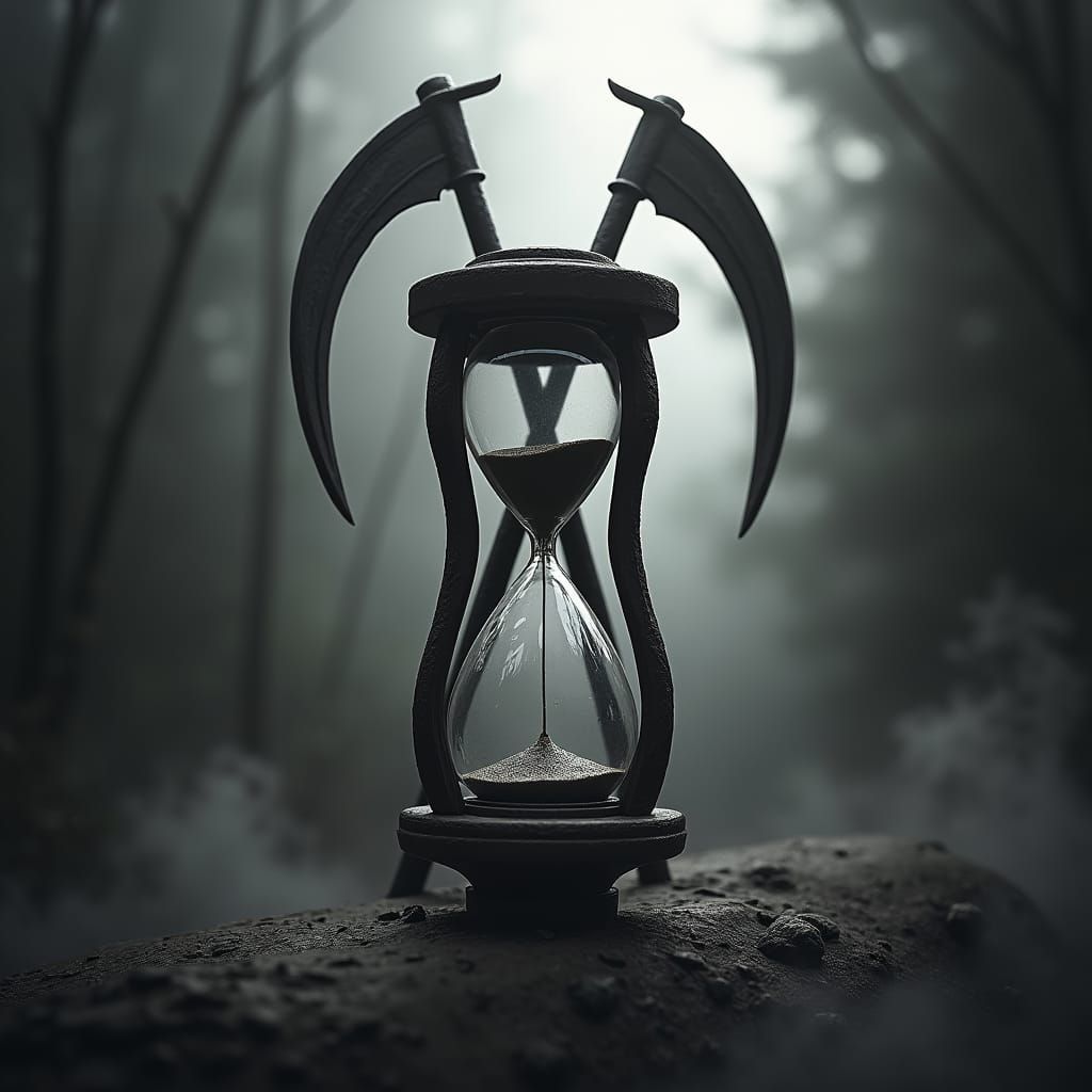 Hourglass and Scythes in High-Contrast Fantasy Art