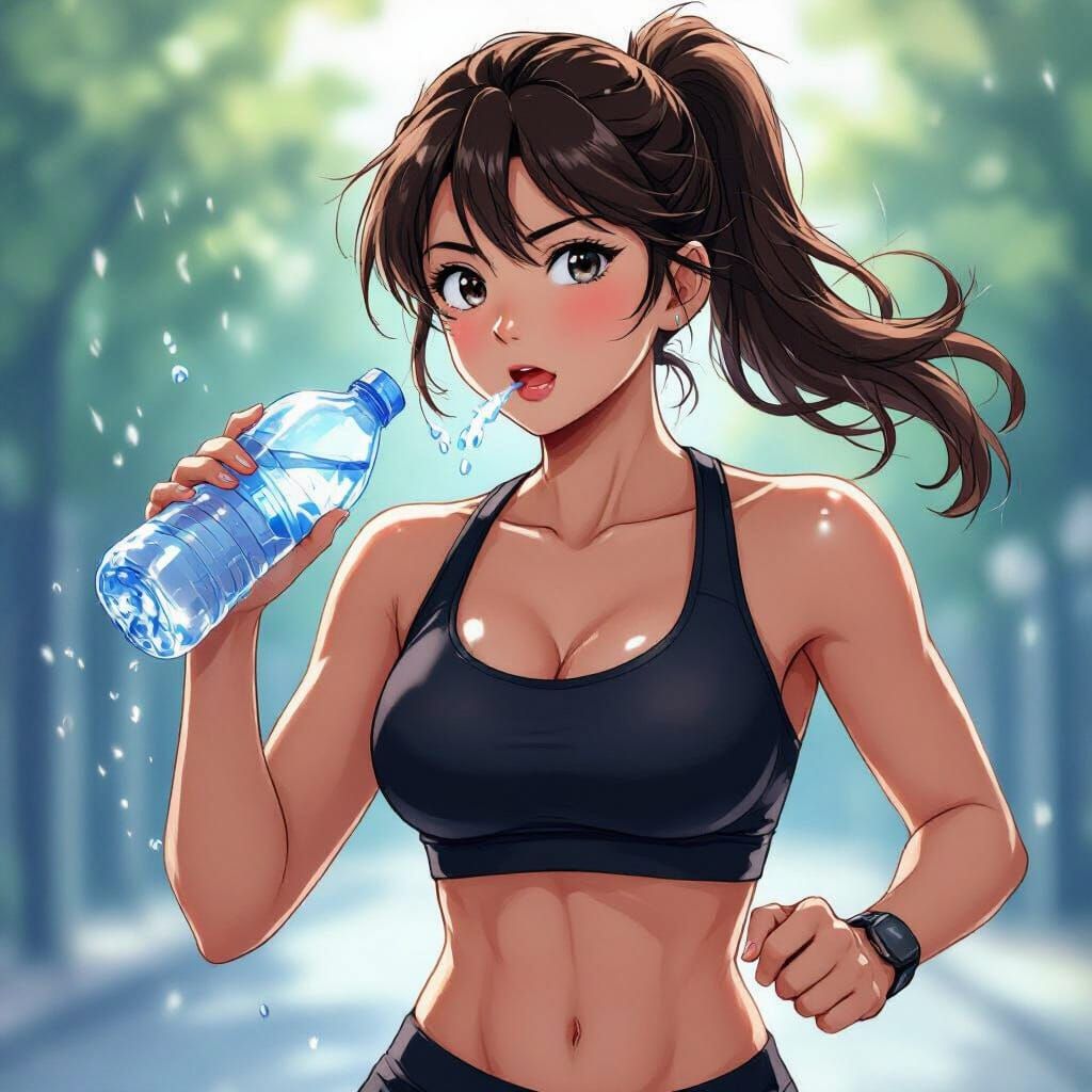Anime Style Sports Girl Running and Hydrating