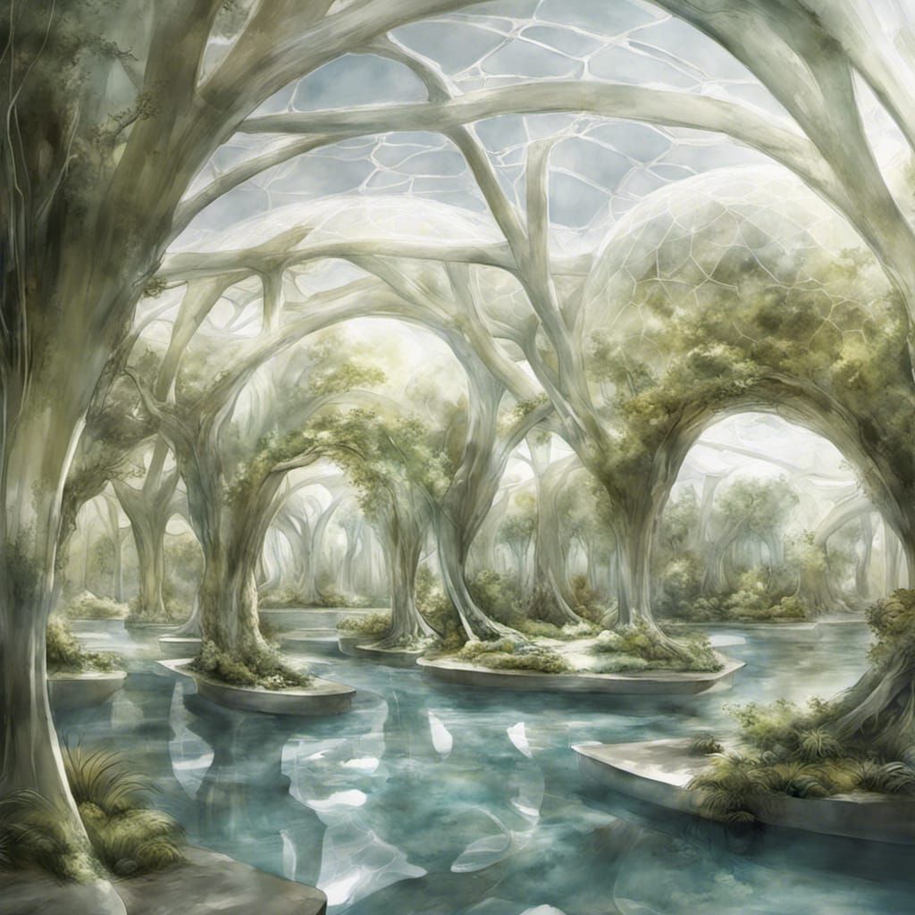 Translucent Dome Ecosystems in Watercolor Style
