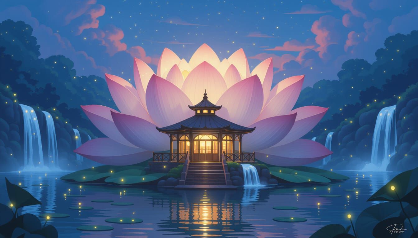 Magical Lotus Flower Train Station with Waterfalls