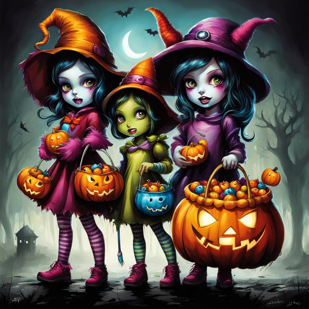 Girls Trick-or-Treating in Abstract Style