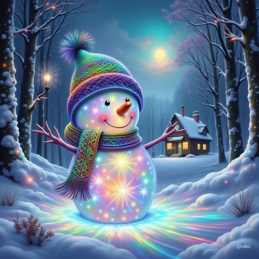 Joyful Snowman in Opalescent Hologram Winter Forest