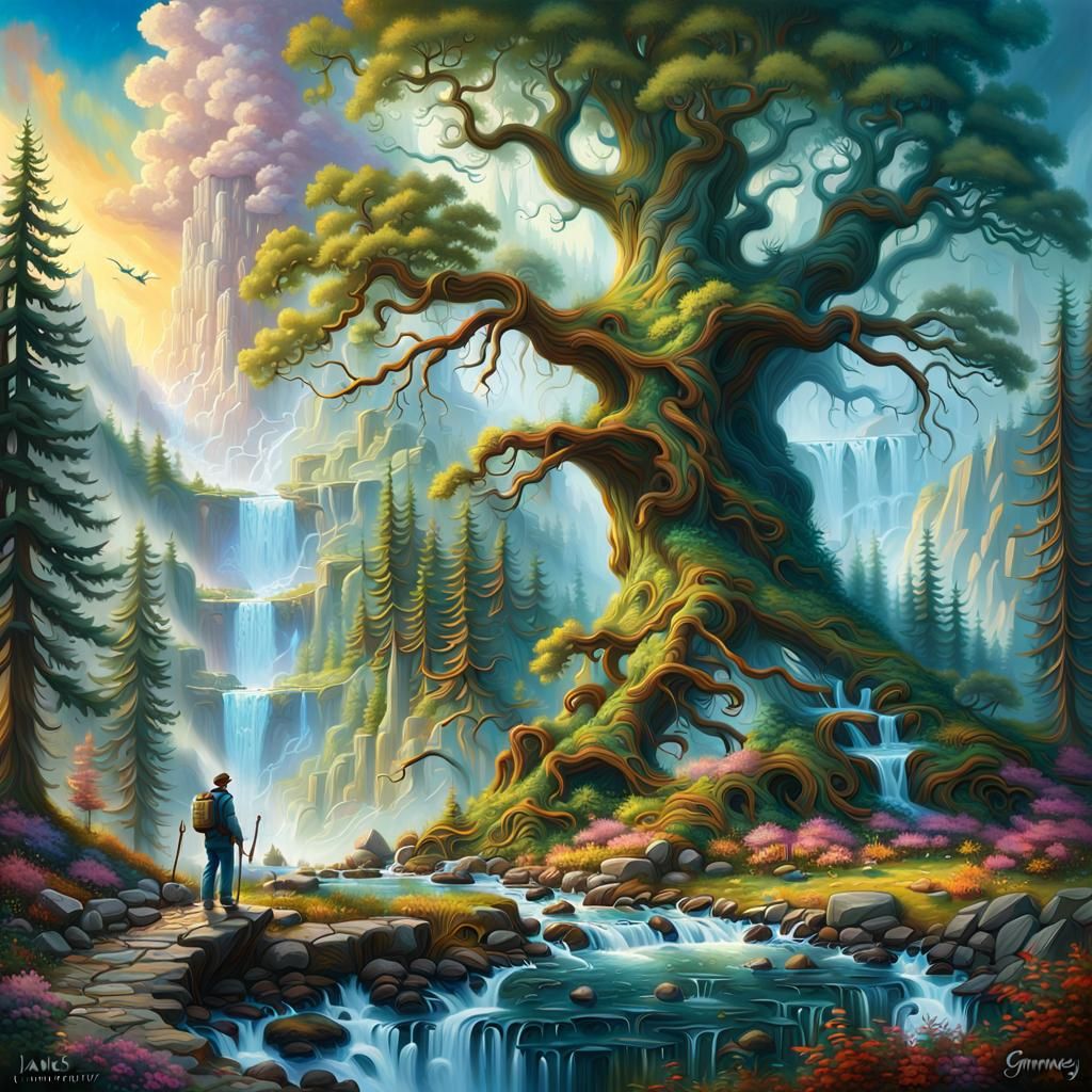 Hyperrealistic Forest Painting with Dramatic Lighting