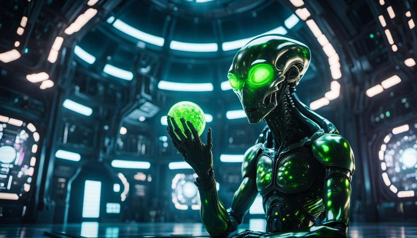 Futuristic Alien Statue in Space Station with Uranium Glass