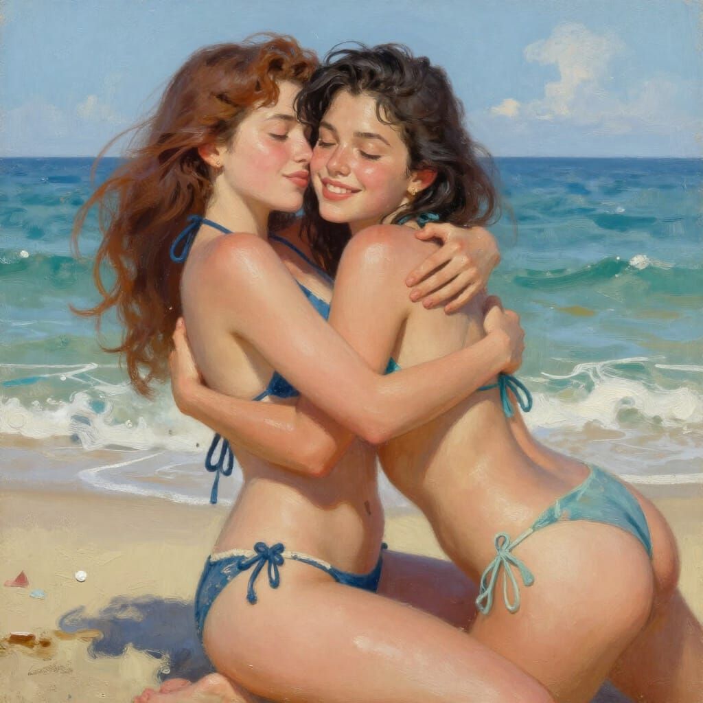 Passionate Embrace: Women Sunbathing in Romantic Sea Bikinis