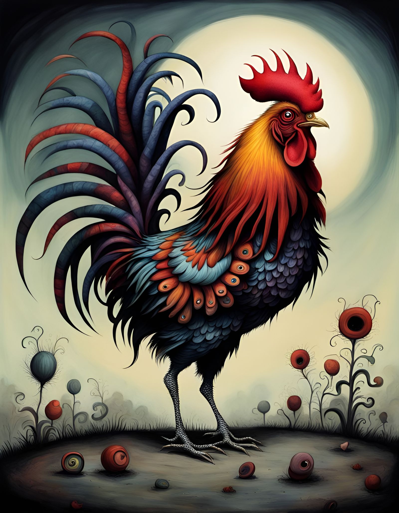 Surreal Rooster Illustration in Tim Burton Style