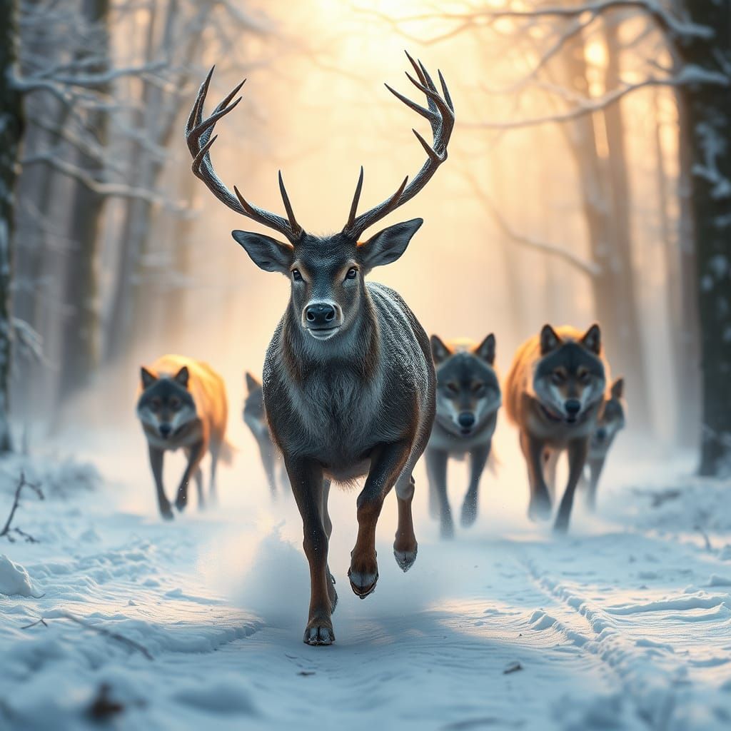 Deer's Desperate Flight from Wolves in Snowy Forest