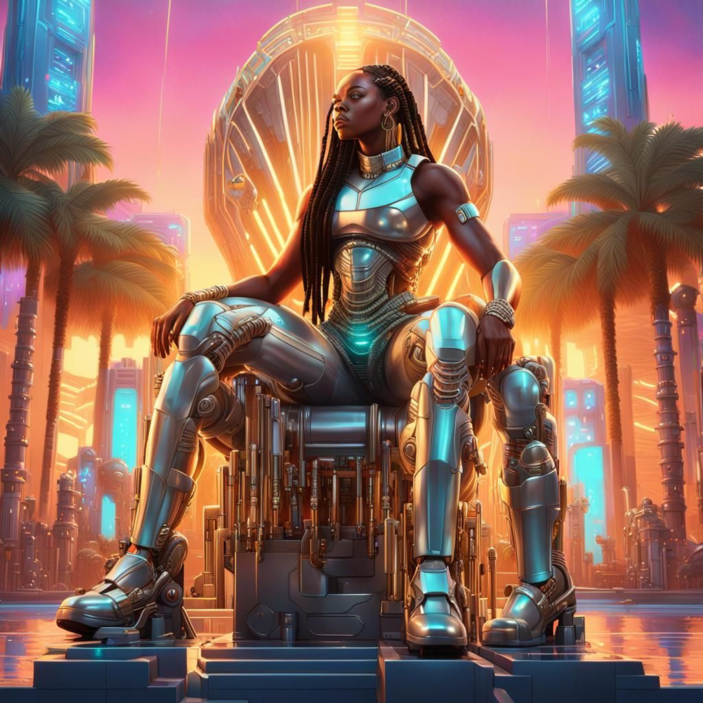 Cyberpunk Queen on Throne in Futuristic City