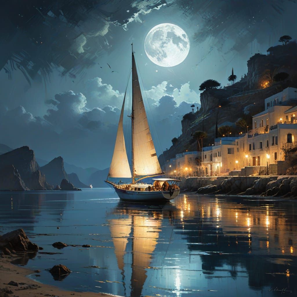 Majestic Sailboat in Moonlit Greek Bay